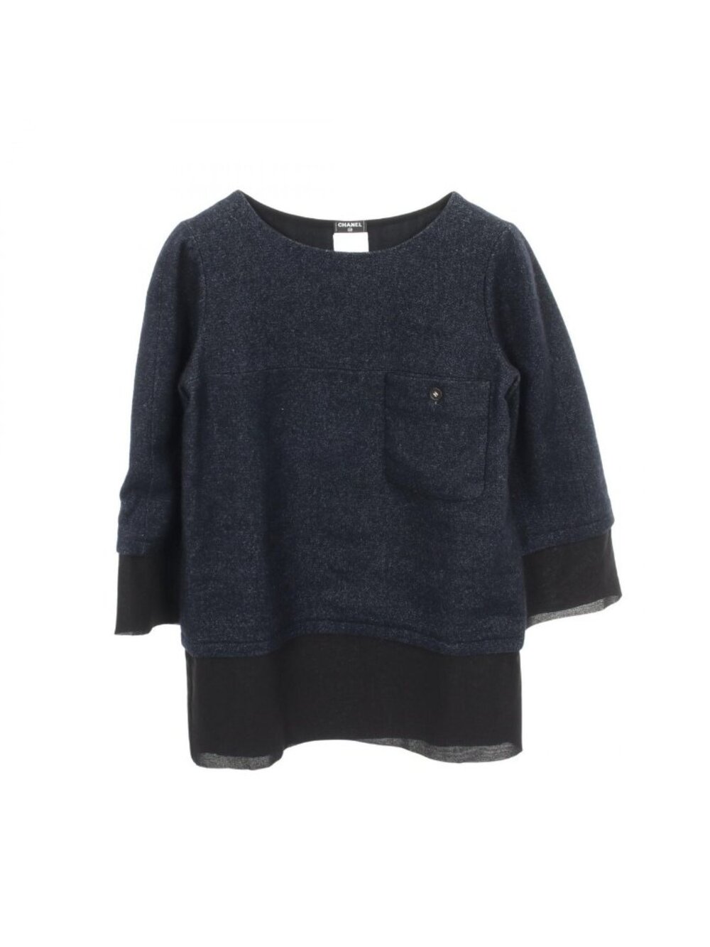 Chanel CC Logo Button Fabric Cashmere Top Shirt Navy Black